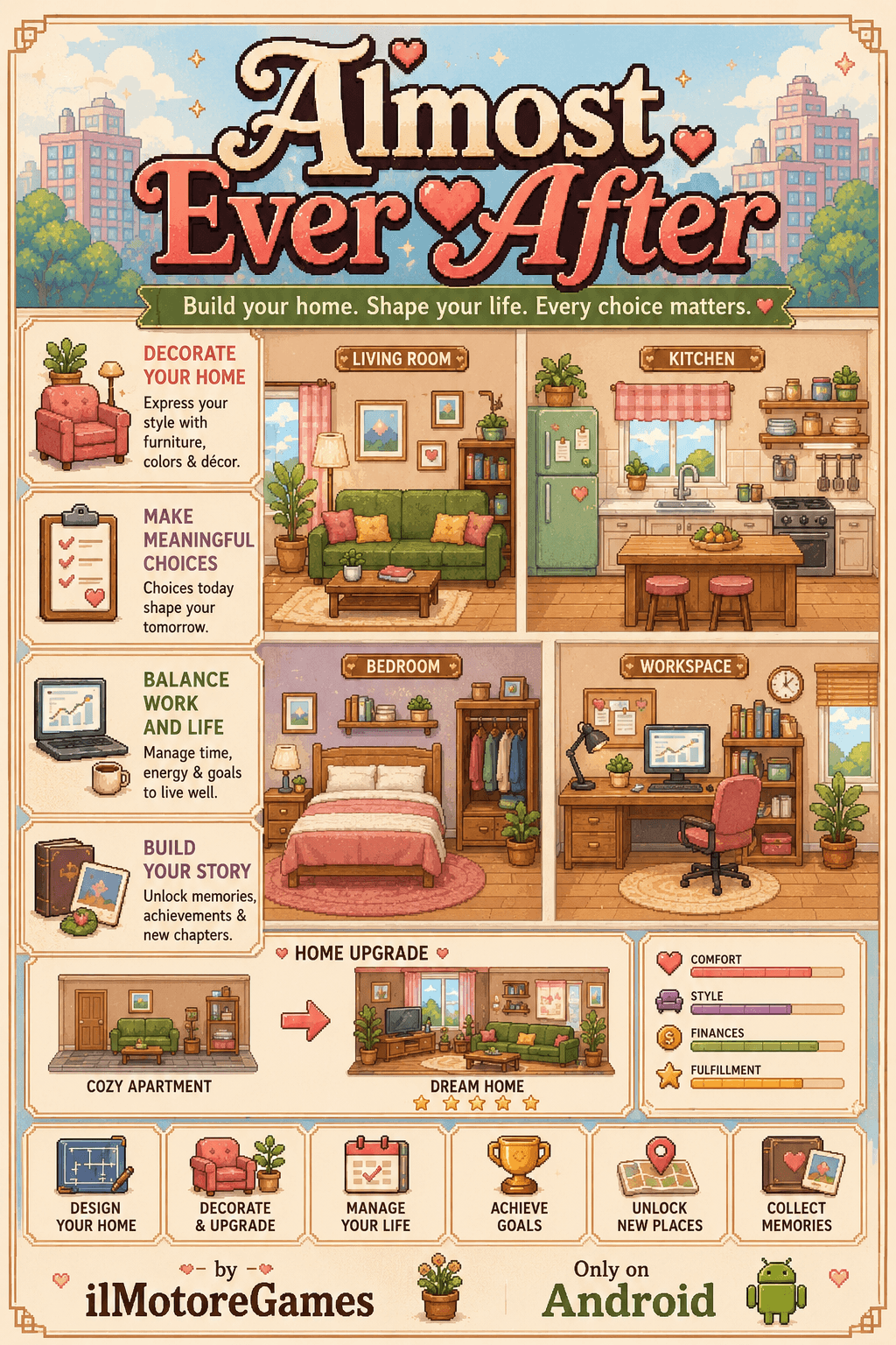 Almost Ever After poster focused on rooms, choices, work life, and memories