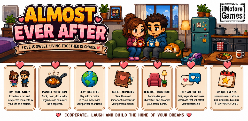 Almost Ever After gameplay features including home management, choices, memories, decoration, and events